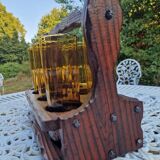 Service de 6 verres vintage ambrés avec porte-verres en bois