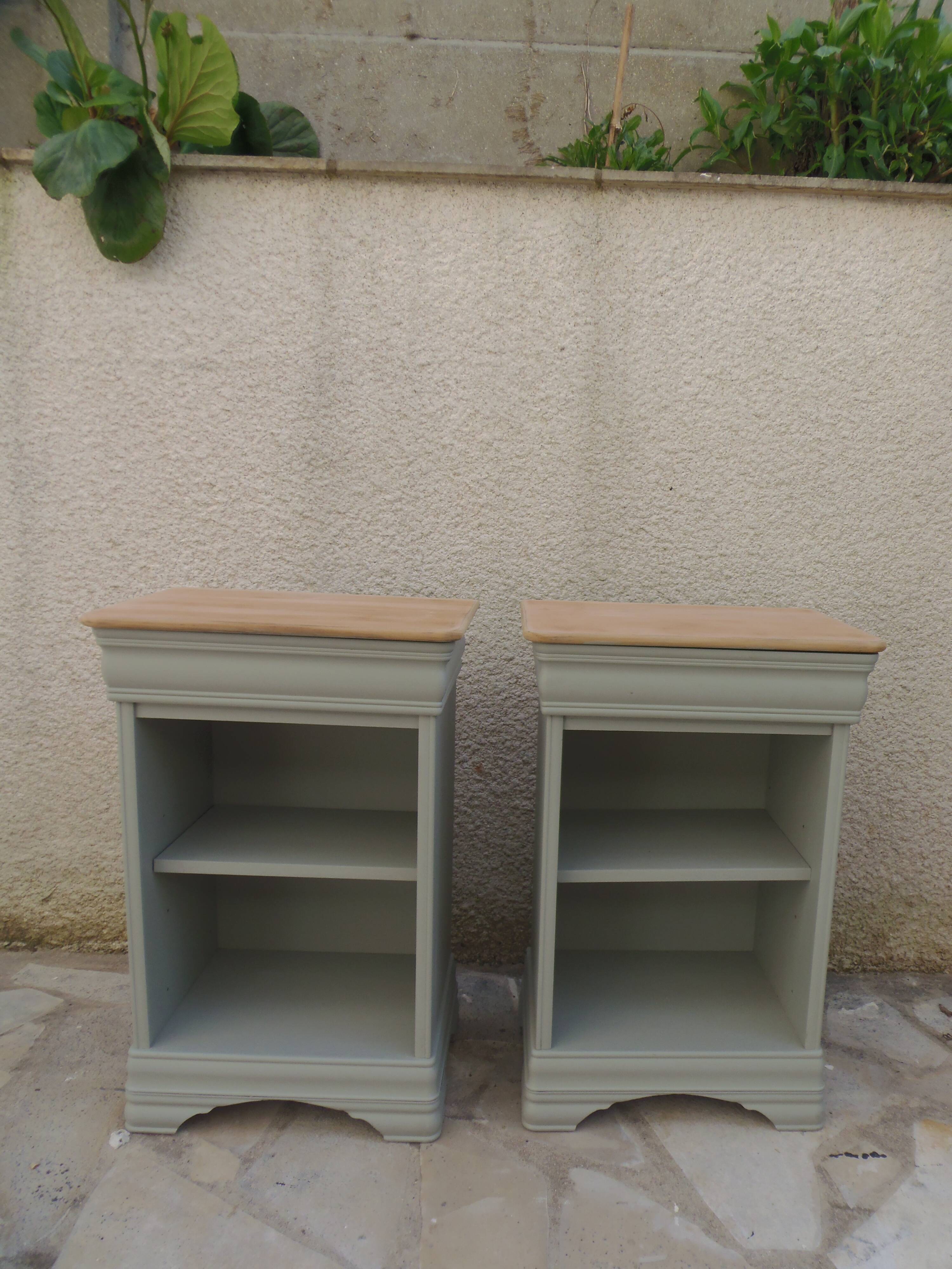 2 Louis Philippe style bedside tables reimagined in grey-green, wooden top.