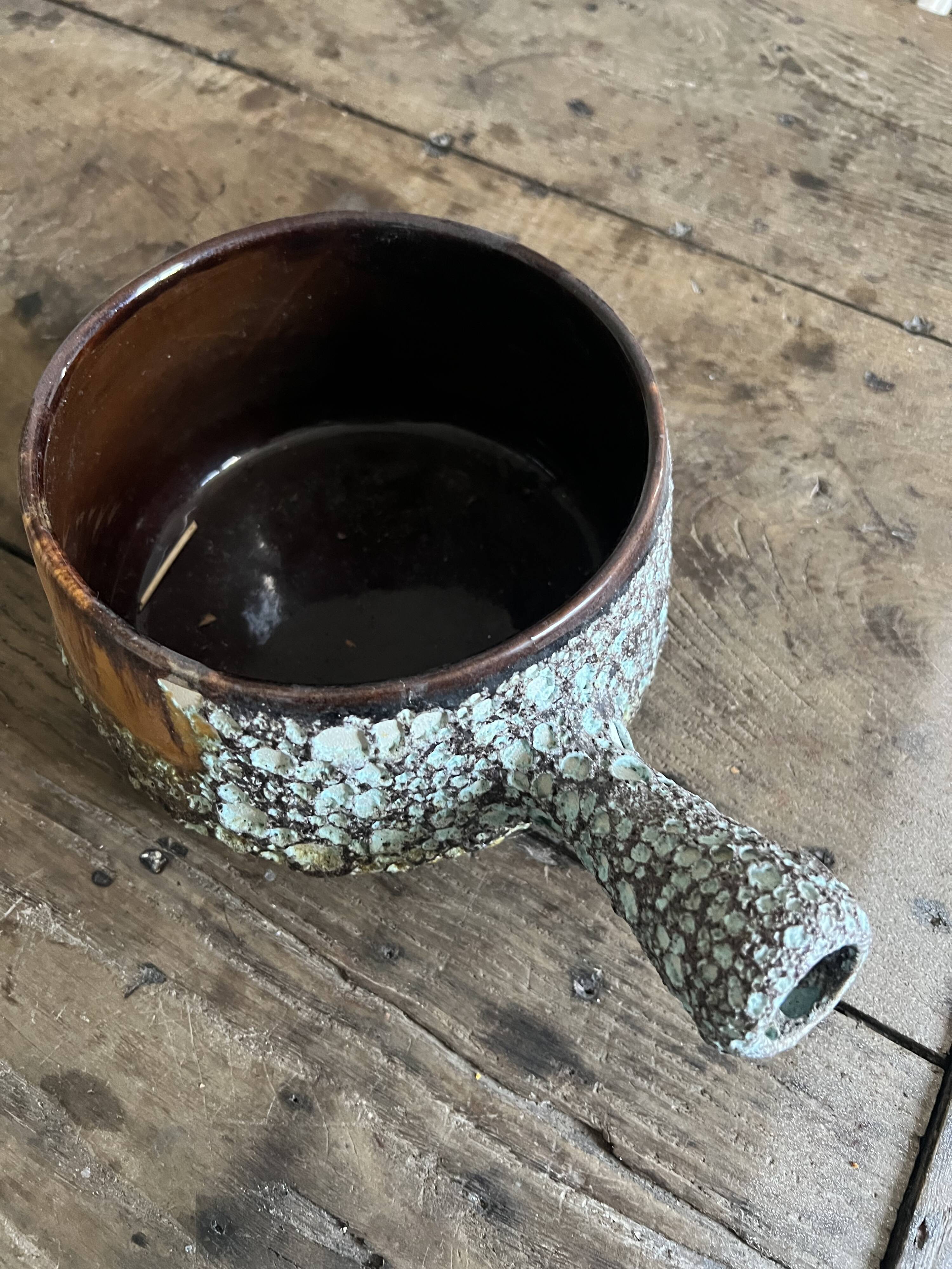 Vallauris ceramic pan – turquoise lava enamel – 1950s/1960s