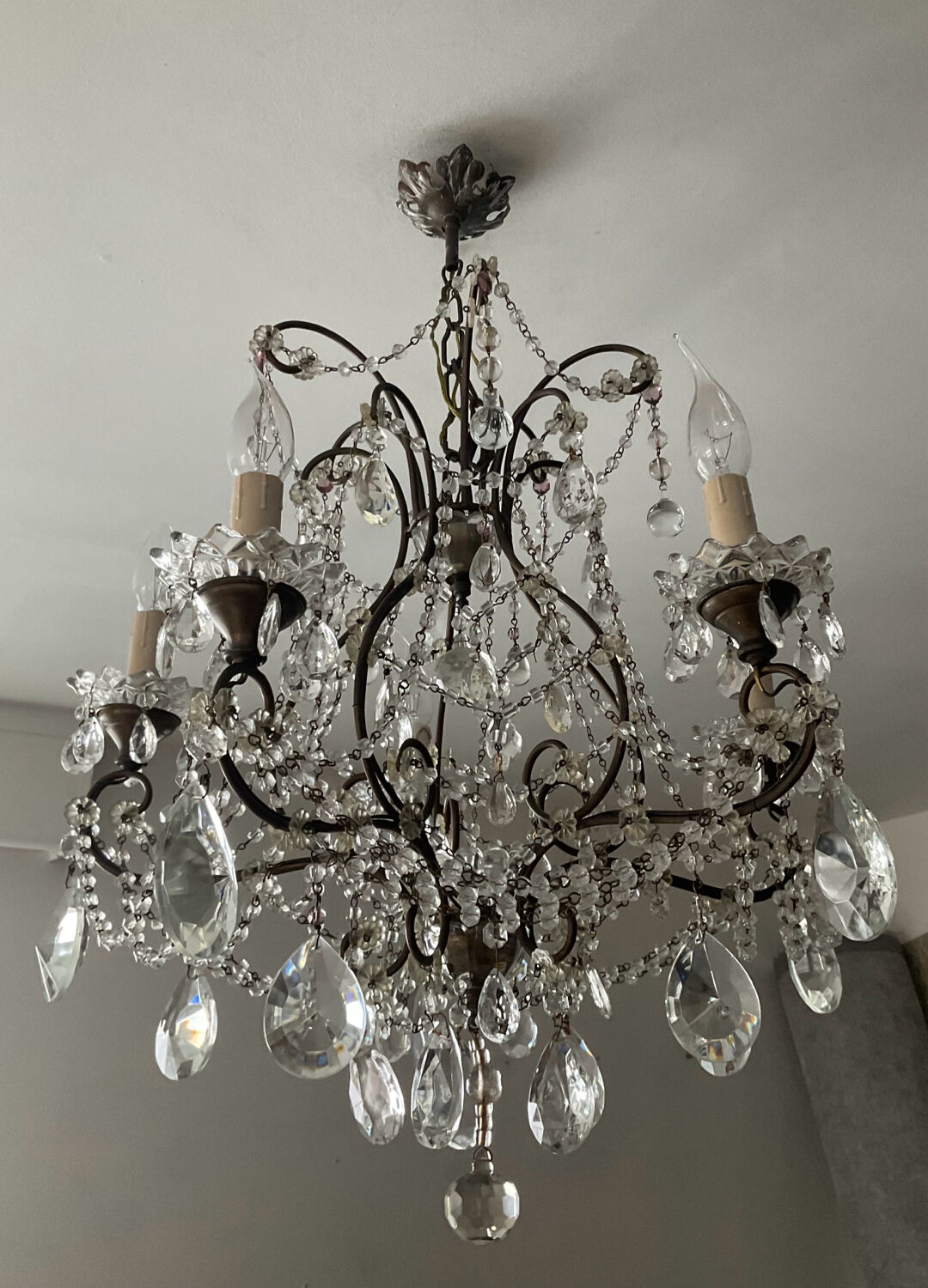 Antique cage chandelier with rock crystal pendants