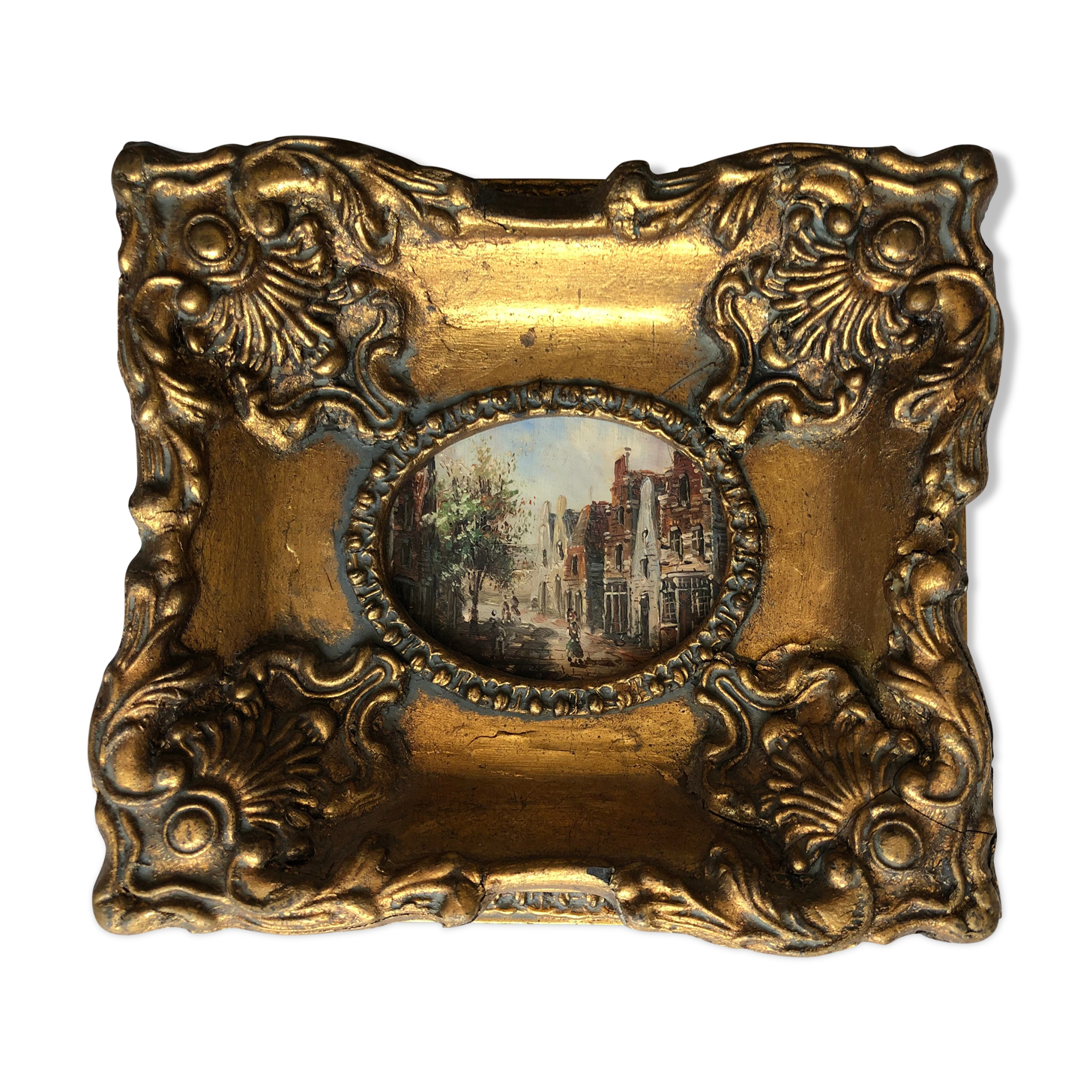 Oil on panel, busy street