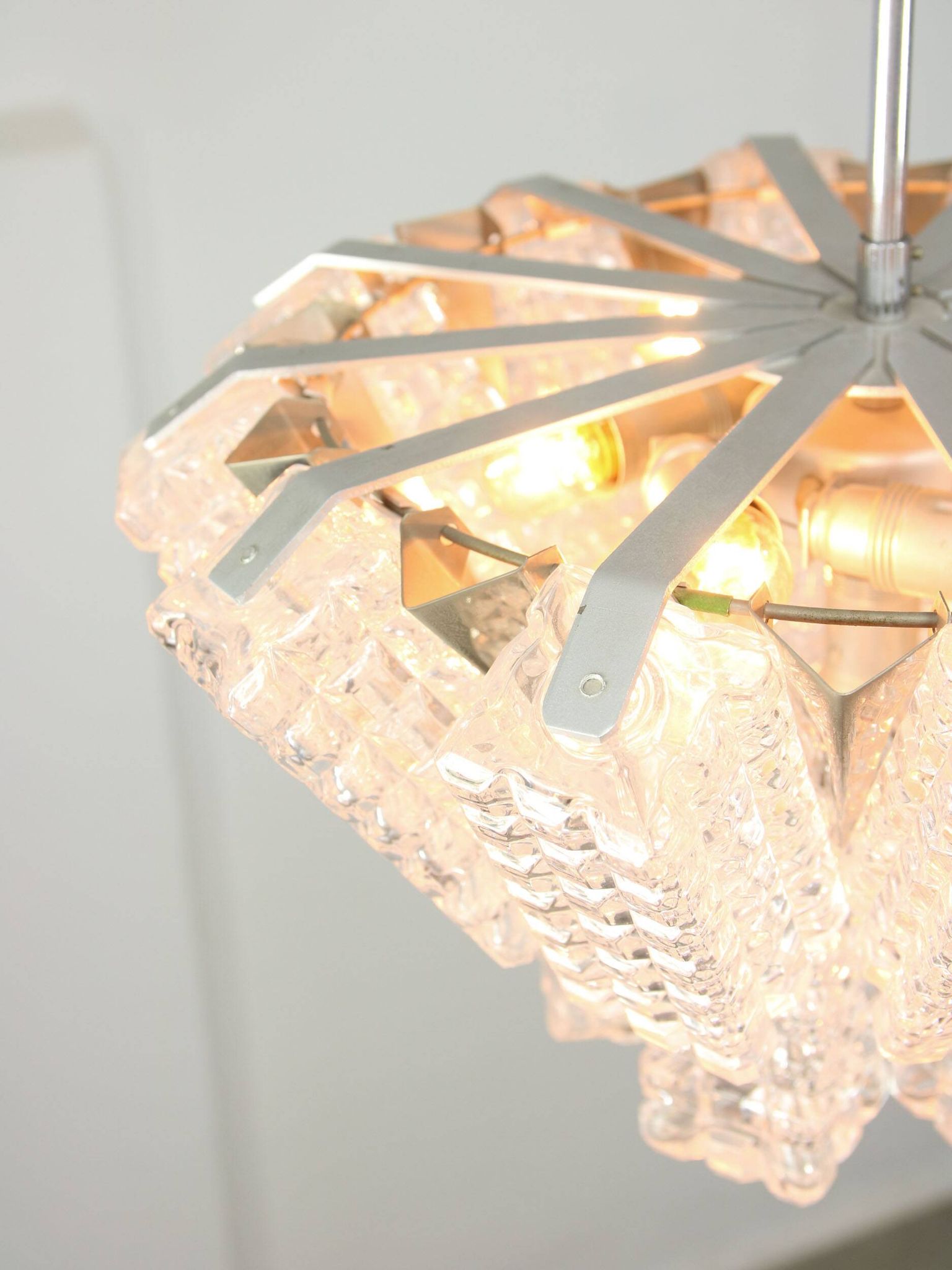 Vintage Austrolux Glass Chandelier: Mid-Century Chrome Pendant Light