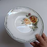 3 Digoin Sarreguemines Adèle plates in grey, yellow, and burgundy.