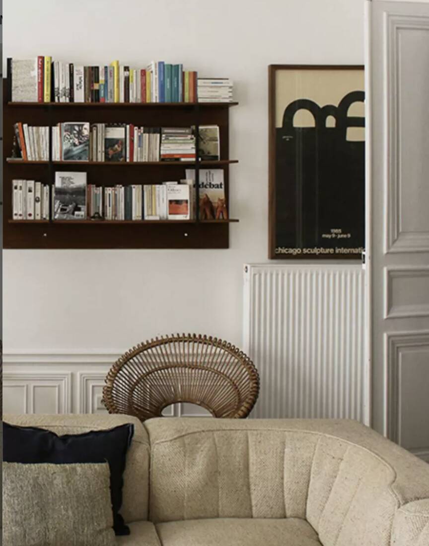 wall-mounted bookcase in wood and black metal, Scandinavian design 1970