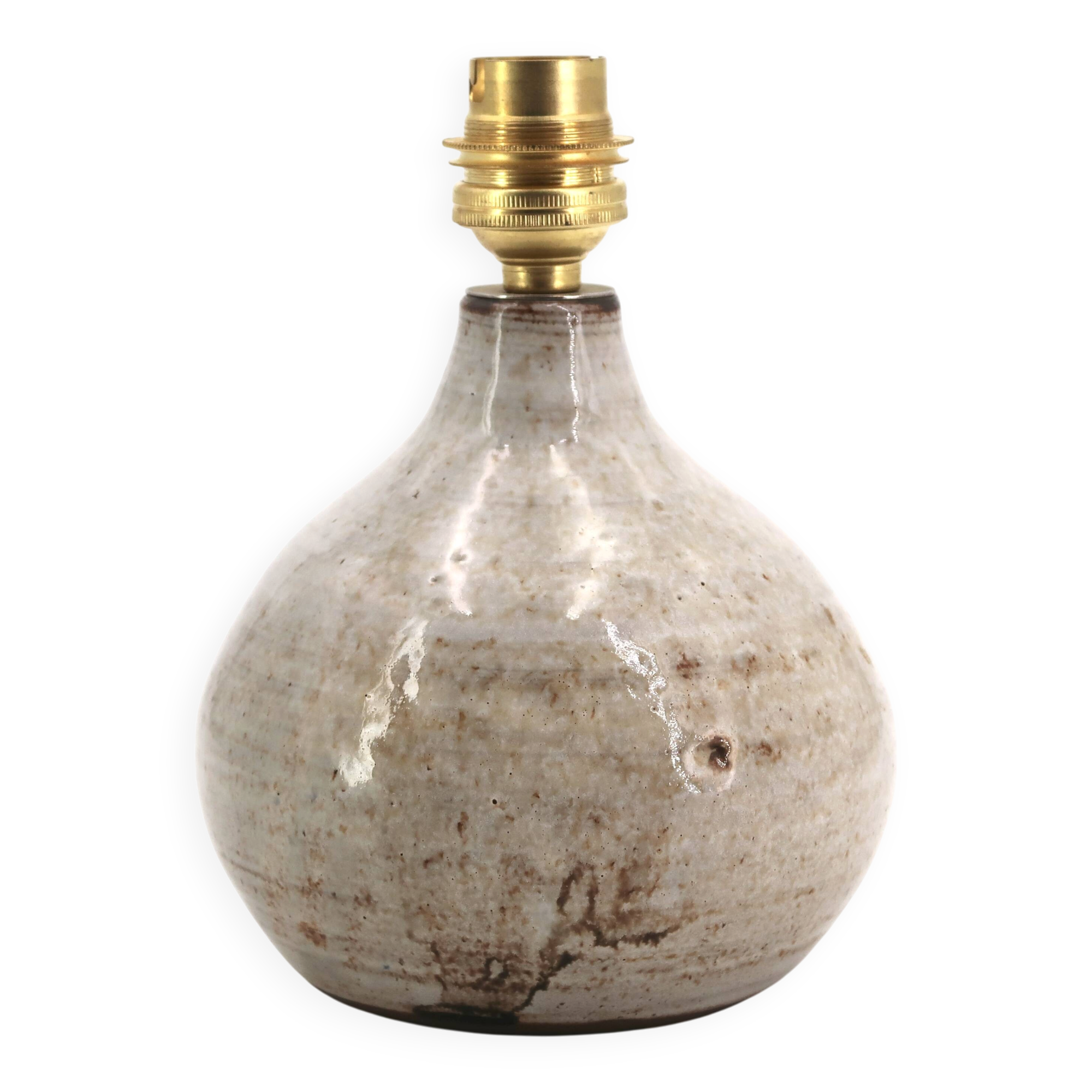 Lampe de potier en grès gris beige signée, céramique artisanale années 70