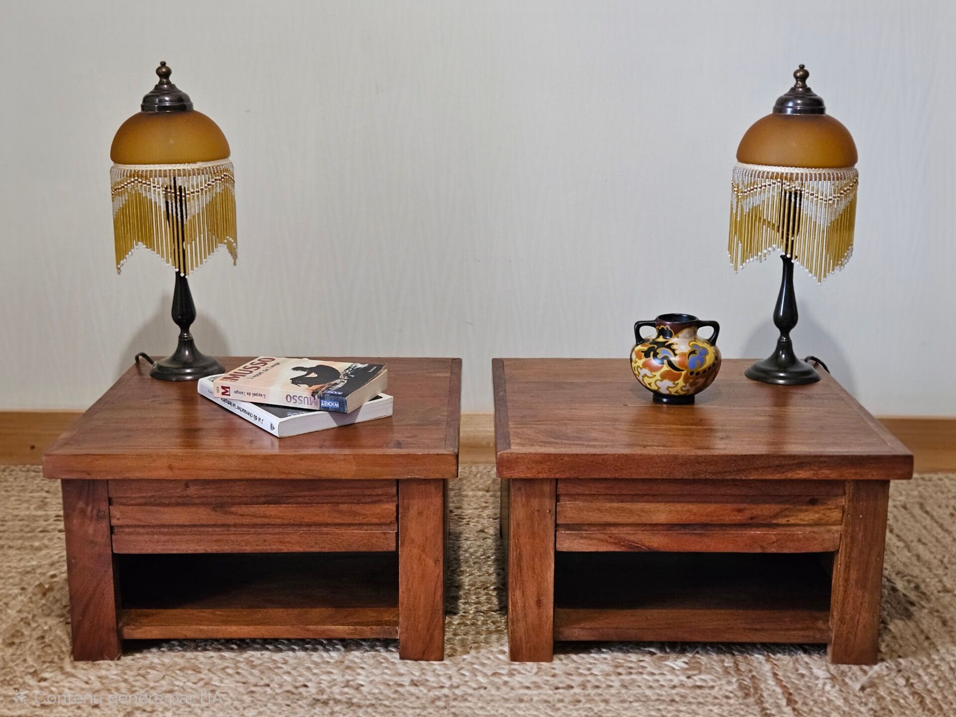 Pair of handcrafted walnut bedside tables from the 20th century.