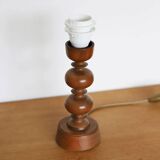 Lampe à poser, pied en bois tourné 1960 et abat-jour vichy bleu ciel