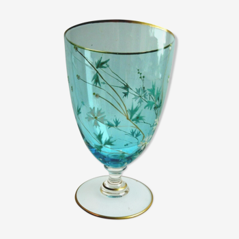 Verre cristal bleu Baccarat émaillé Legras: Bleuets aux tiges dorées, pied balustre court