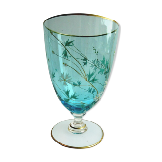 Verre cristal bleu Baccarat émaillé Legras: Bleuets aux tiges dorées, pied balustre court