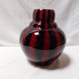 Large vintage blown glass ball vase with red and midnight blue flamed decor