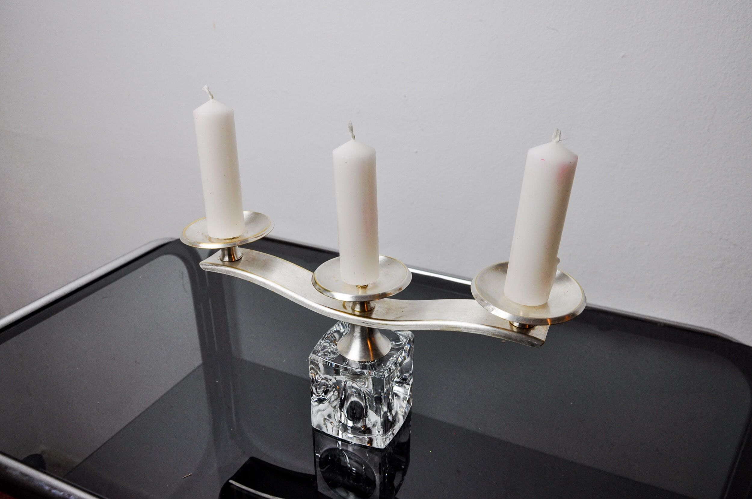 Ice cube candle holder by Peill & Putzler, 3 flames, glass and silver-plated metal, Germany, 1970