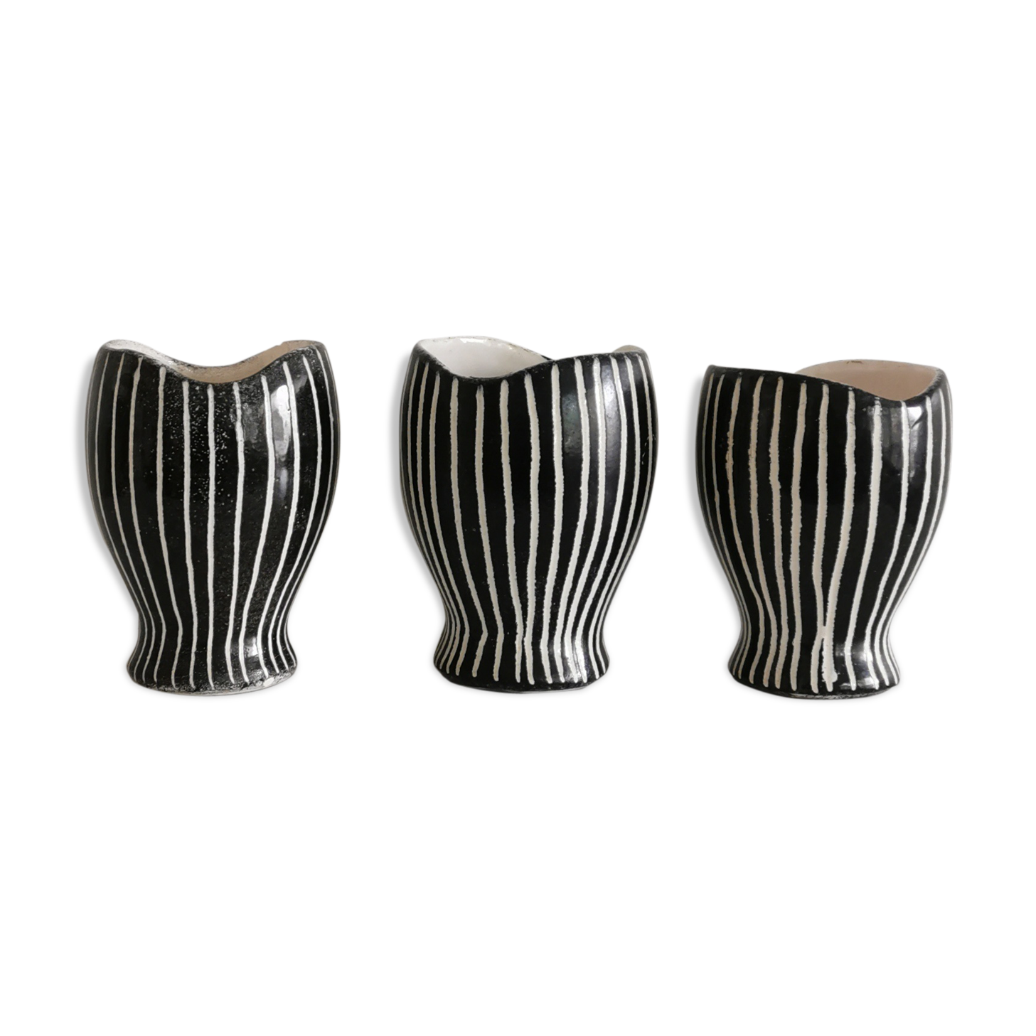 Series of 3 black and white ceramic pots 1950