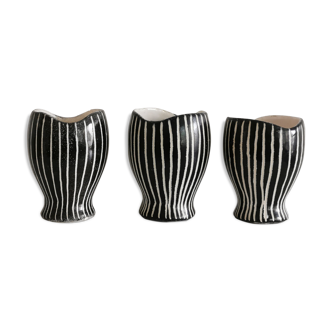 Series of 3 black and white ceramic pots 1950