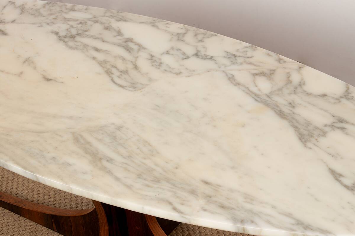 Oval coffee table in Carrara marble and rosewood, Hugues Poignant 1960