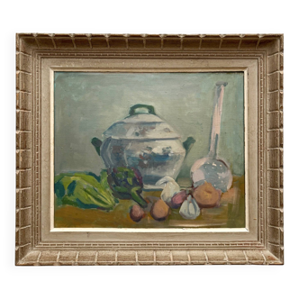 Tableau ancien peinture huile sur toile soupière et légumes