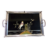1930 art deco - plateau ancien chromé, verre et incrustation de nacre