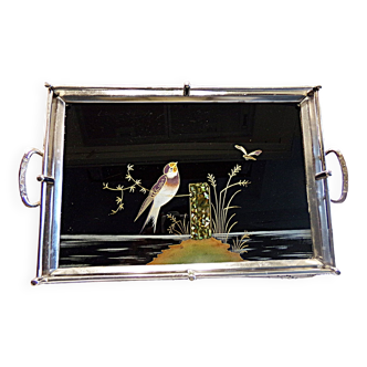 1930 art deco - antique chrome tray, glass and mother-of-pearl inlay