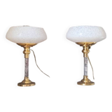 Pair of brass and Clichy glass lamps