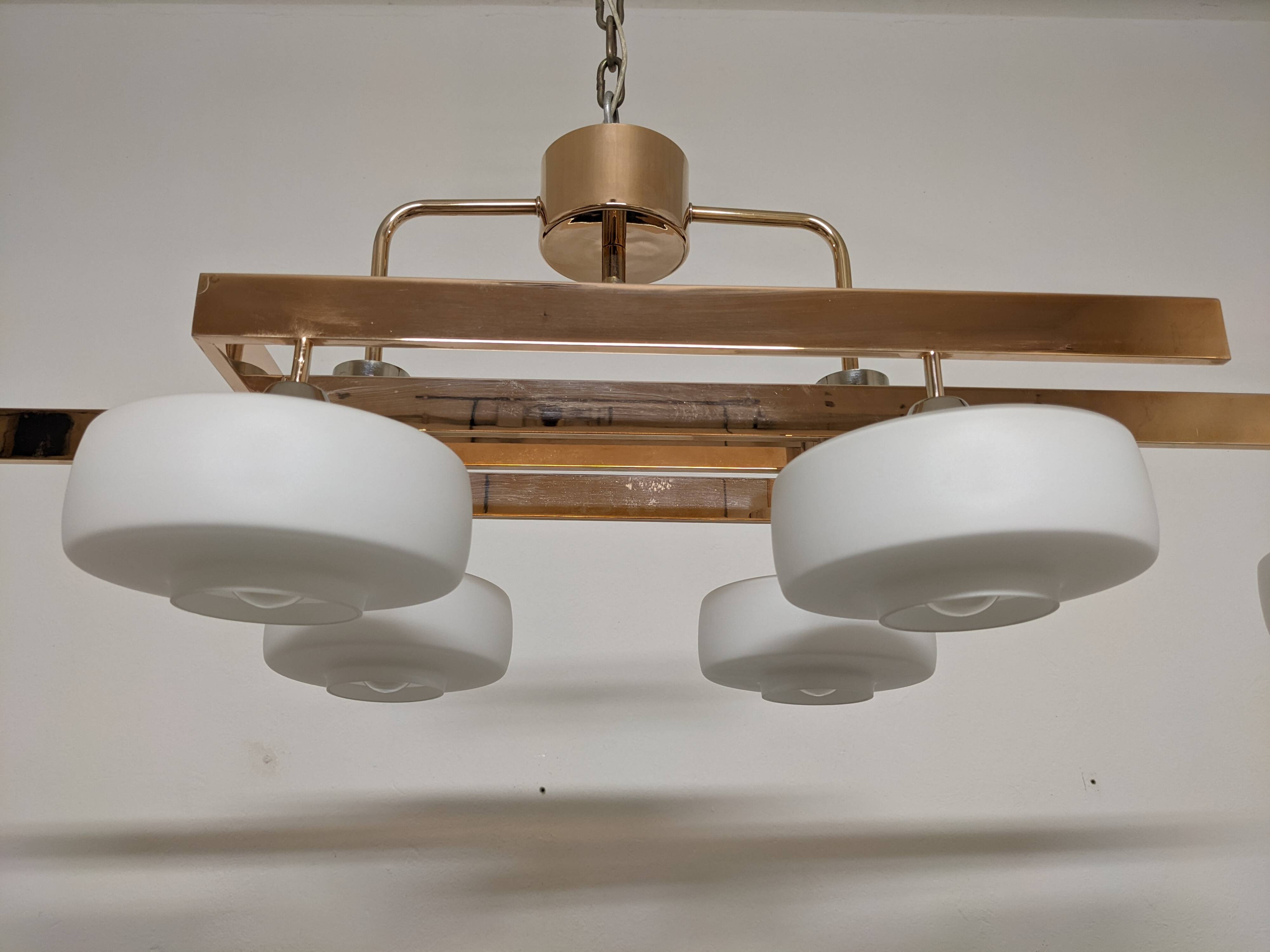 Arlus chandelier with 6 lights in opaline and brass from the 60s/70s