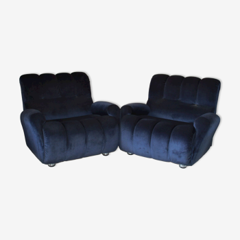 1980s Vintage Velvet Blue Lounge Chairs, Set of Two