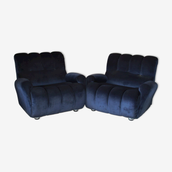 Fauteuils lounge vintage en velours bleu des années 1980, ensemble de deux