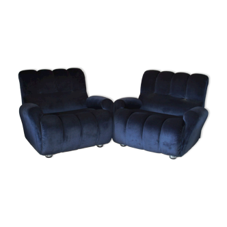 Fauteuils lounge vintage en velours bleu des années 1980, ensemble de deux