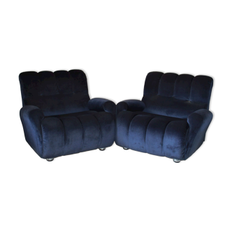 1980s Vintage Velvet Blue Lounge Chairs, Set of Two