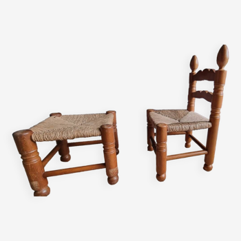 Straw low chair and stool, 40s/50s