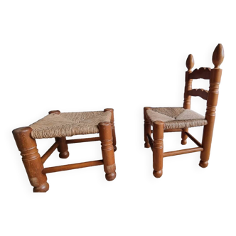 Straw low chair and stool, 40s/50s