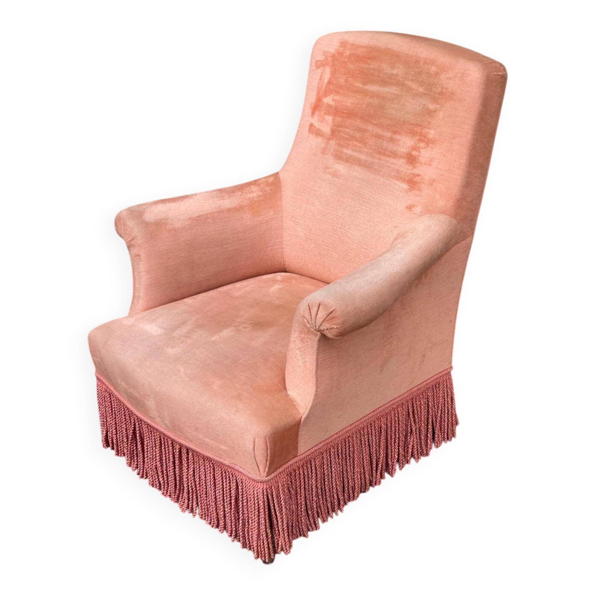 Fauteuil crapaud en velours rose saumon 1950