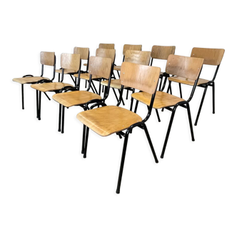 Lot 11 wooden school chairs, 70s, Netherlands
