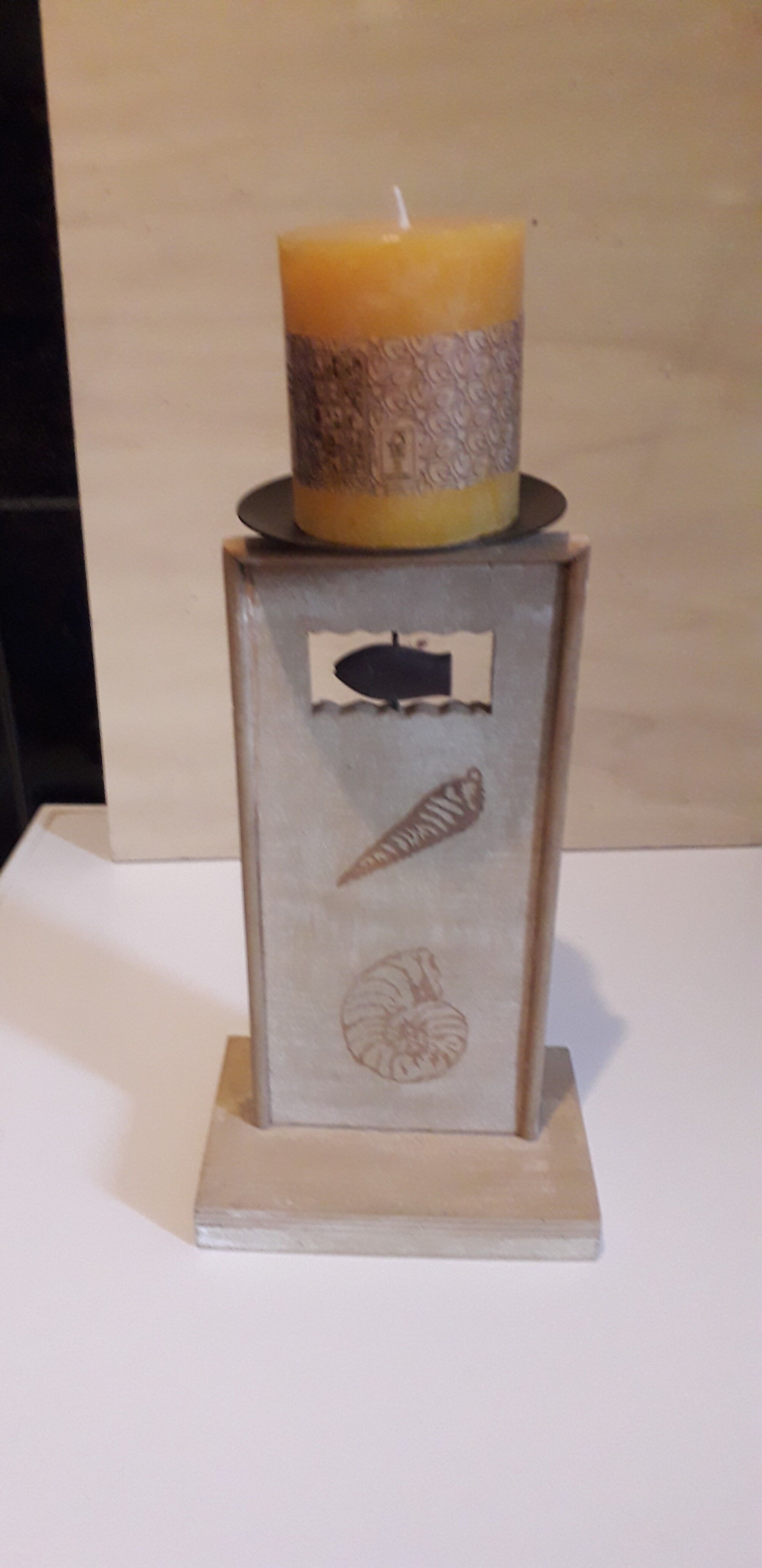 Patinated wooden candle holder, engraved with metal cup, sea decoration