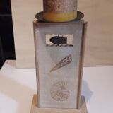 Patinated wooden candle holder, engraved with metal cup, sea decoration