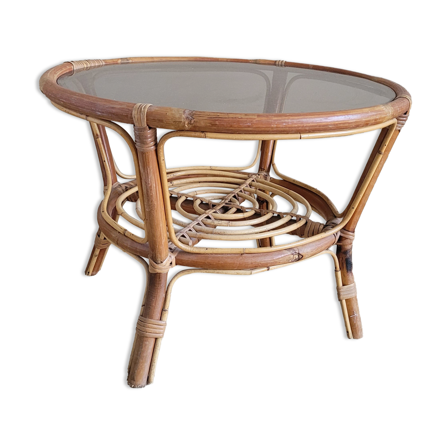 Light rattan lounge table and smoked glass