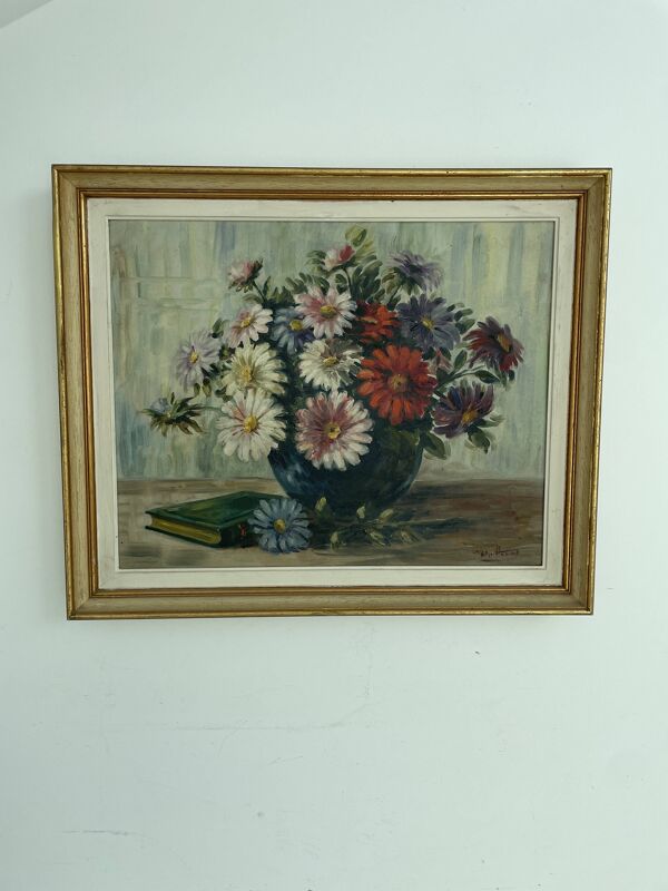 Vintage, peinture à l'huile, nature morte au bouquet de fleurs, livre, XXème siècle, signé