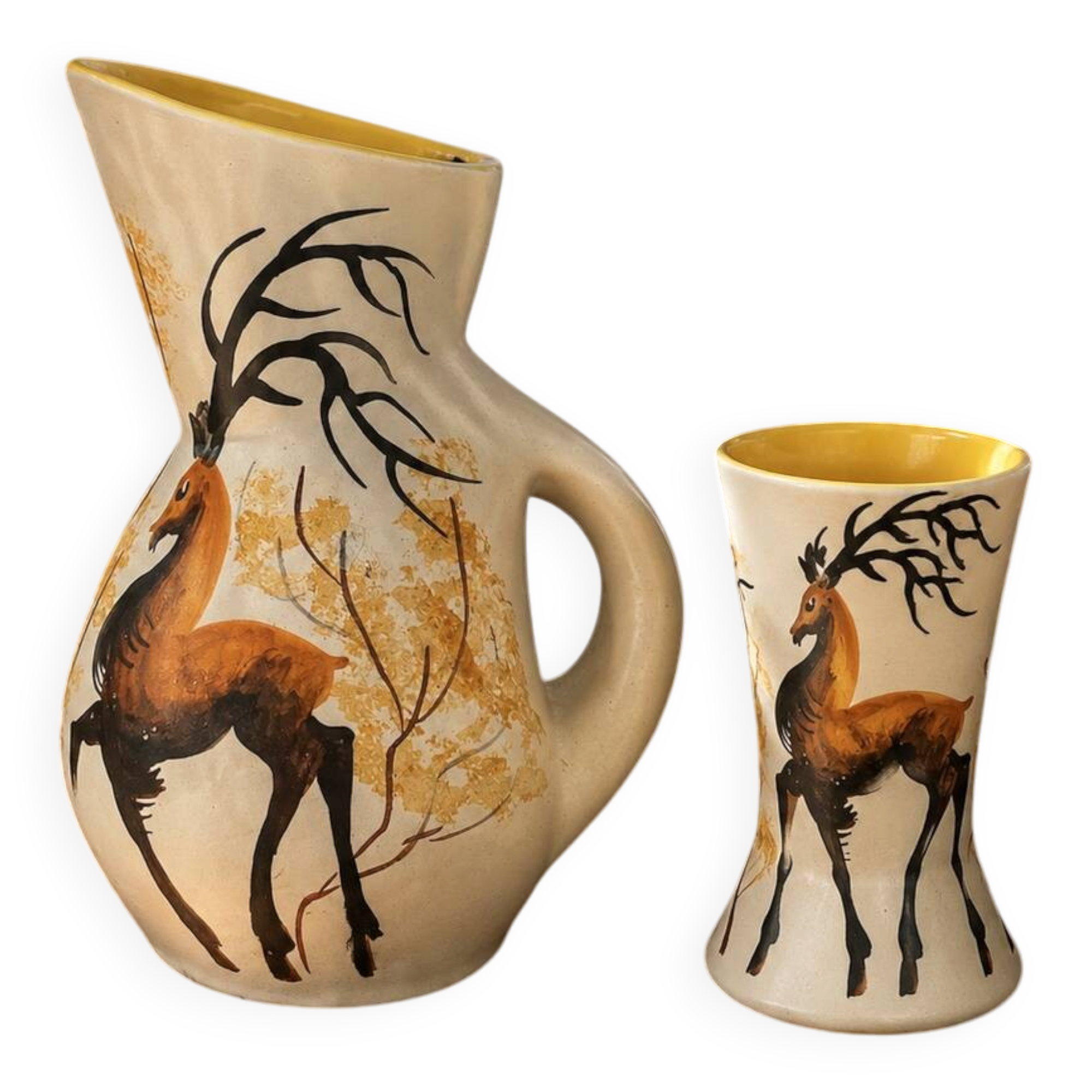 Pichet and glass Vallauris – Jacques Fonck – deer decoration