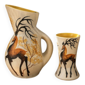 Pichet and glass Vallauris – Jacques Fonck – deer decoration
