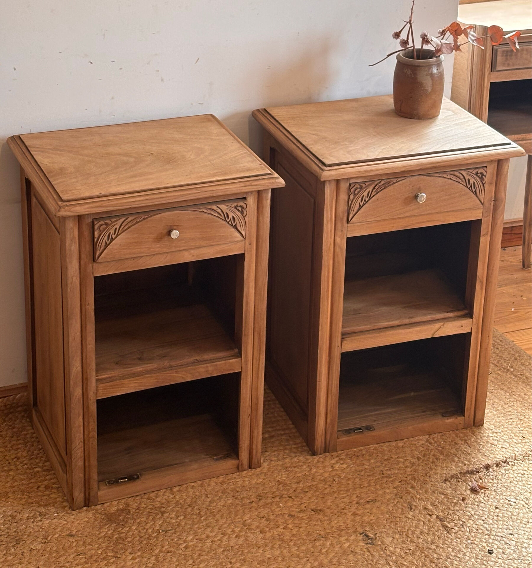 Pair of antique bedside tables / nightstands in raw solid oak.