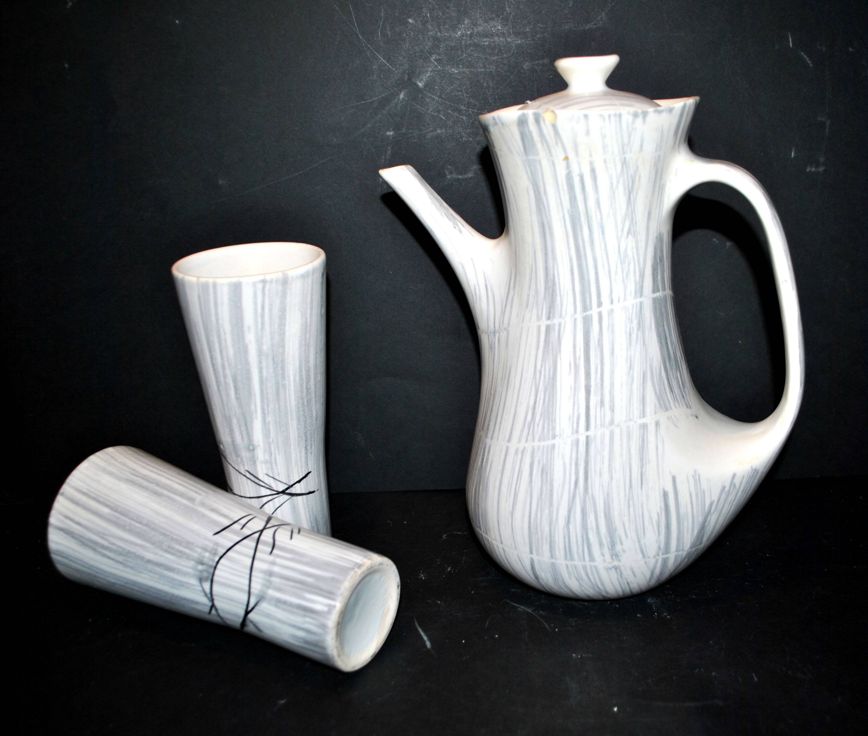 Vintage Niderviller Modernist Ceramic Coffee Pot 1960 with 2 Cups