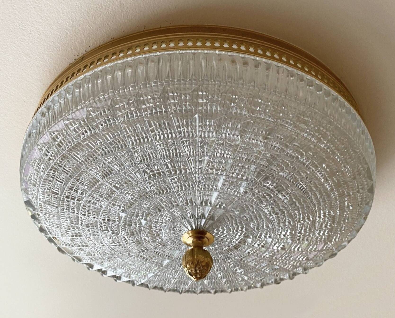Large vintage Lucien Gau crystal and brass ceiling light