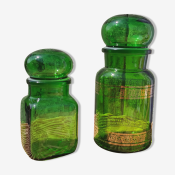 Duo of pots and jars apothecary style in green glass.