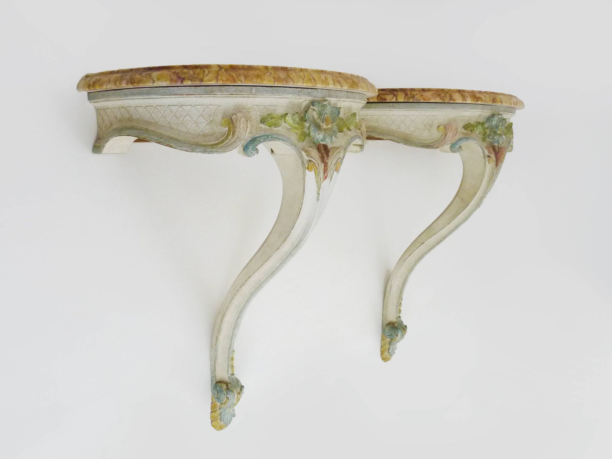 Pair of wall consoles Maison Jean Mocque in Paris in Louis XV style in lacquered polychrome wood