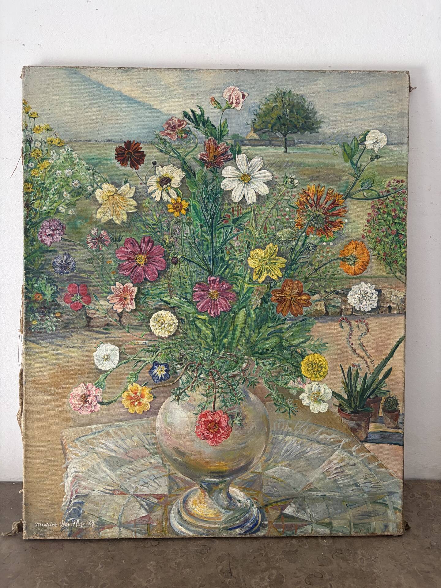 The cross bouquet, oil on canvas signed Maurice Bouillot 1947