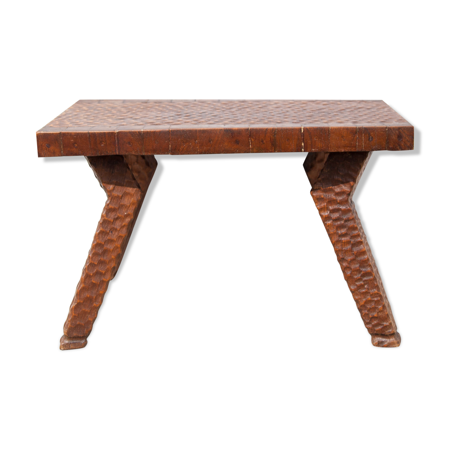 Carved wood coffee table, hammered wood table, side table, living room table, vintage table