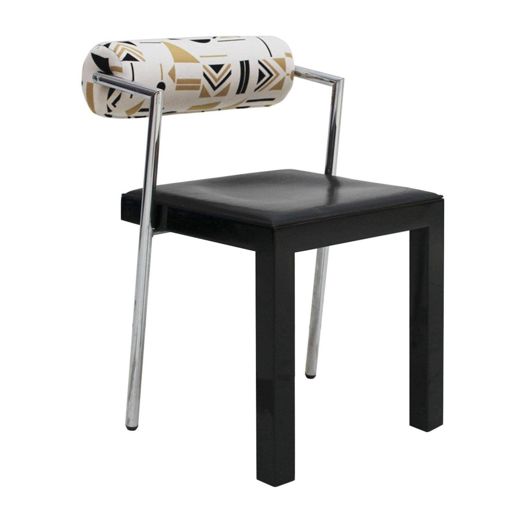 Set of Four Italian Chairs Edited by Saporiti. Jacquard Back and Leather Seat