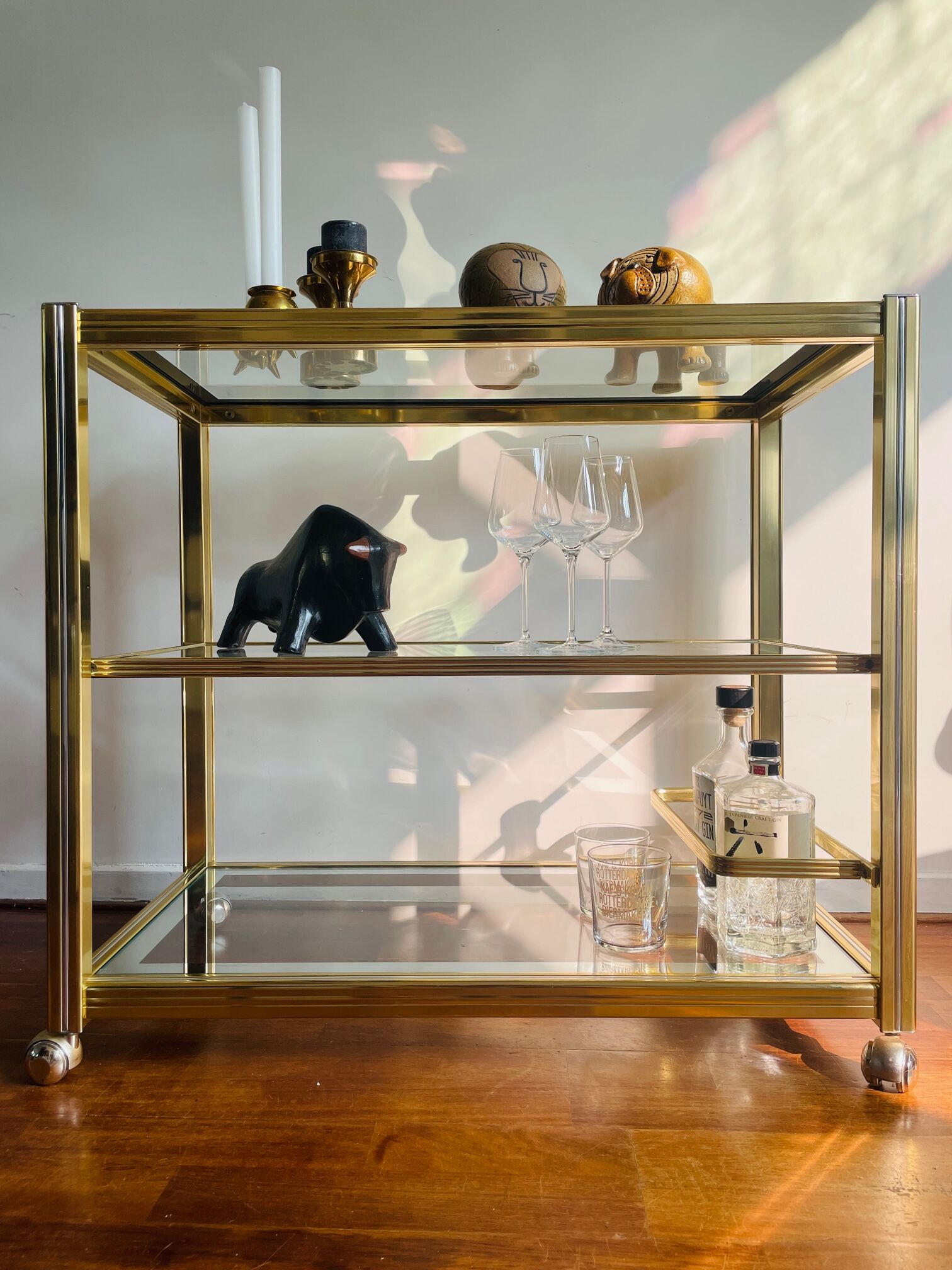Vintage brass and glass bar cart, 1980