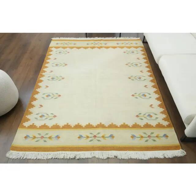 1970s Vintage Turkish Oushak Handmade Wool Cotton Cream Area Rug 171x222