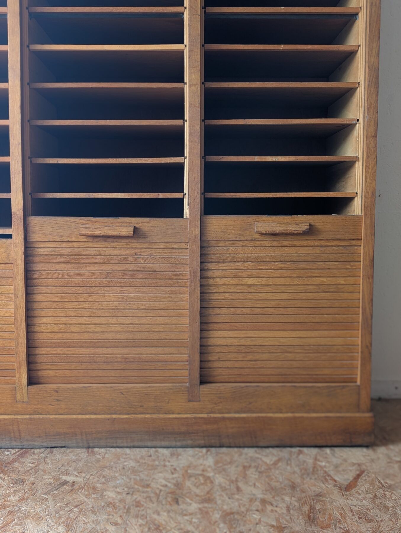 Old workshop furniture, oak curtain cabinet.