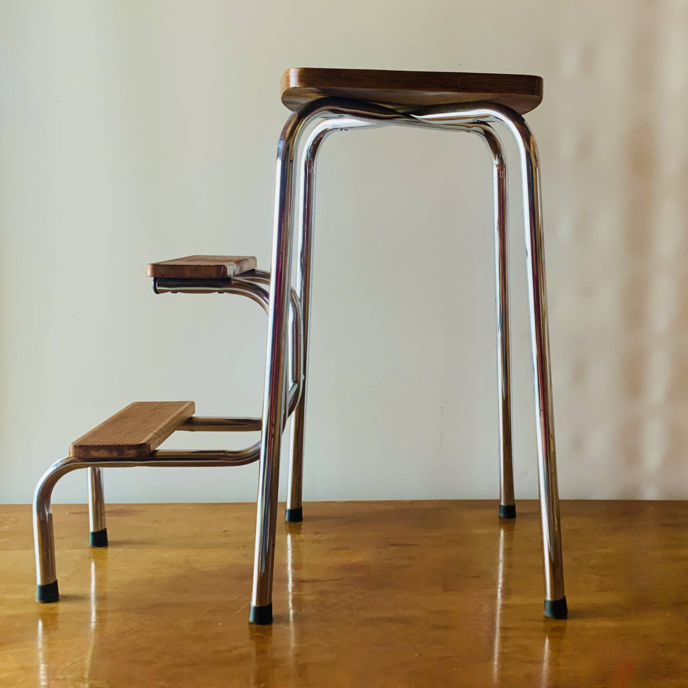 Vintage step stool in brown formica and chrome steel