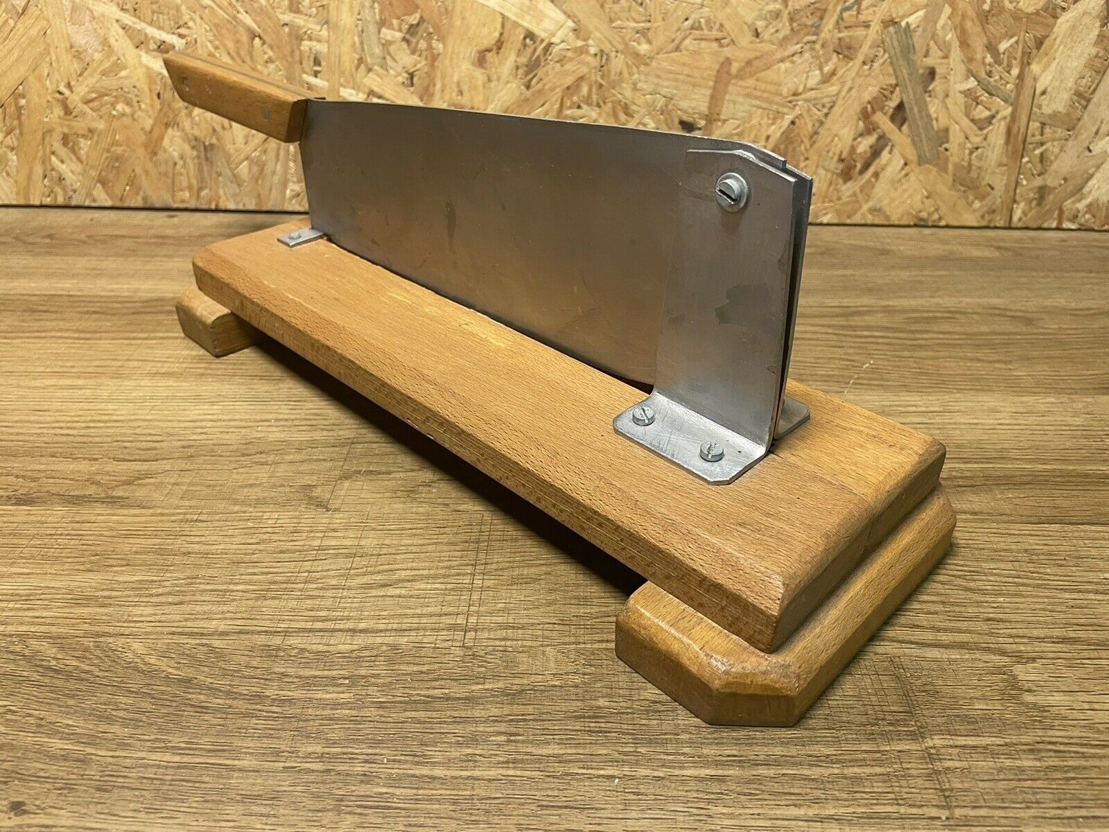 Antique bread cut, stainless steel blade, wooden base, vintage chic countryside